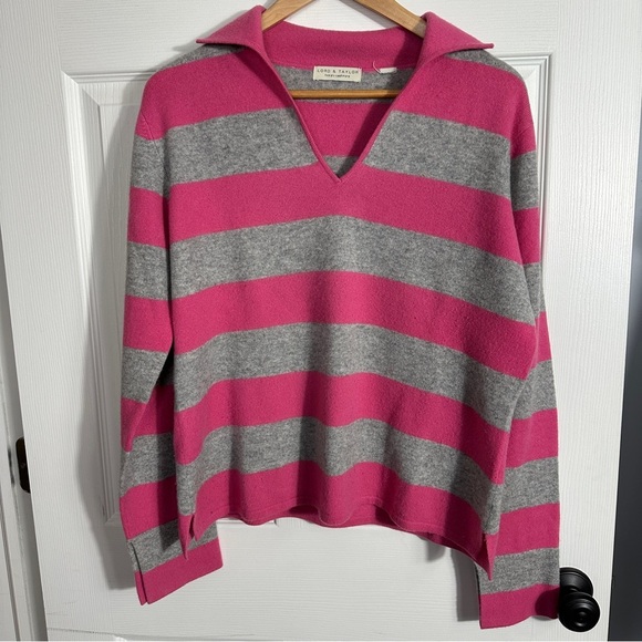 Lord & Taylor 2-ply cashmere collared v-neck top, pink/gray, no size tag - Picture 1 of 9